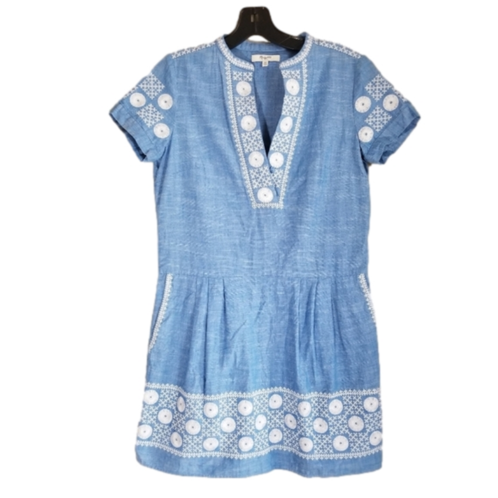 Madewell Chambray Embroidered Cotton Sunstitch Tunic Dress W/ Pockets Size XS